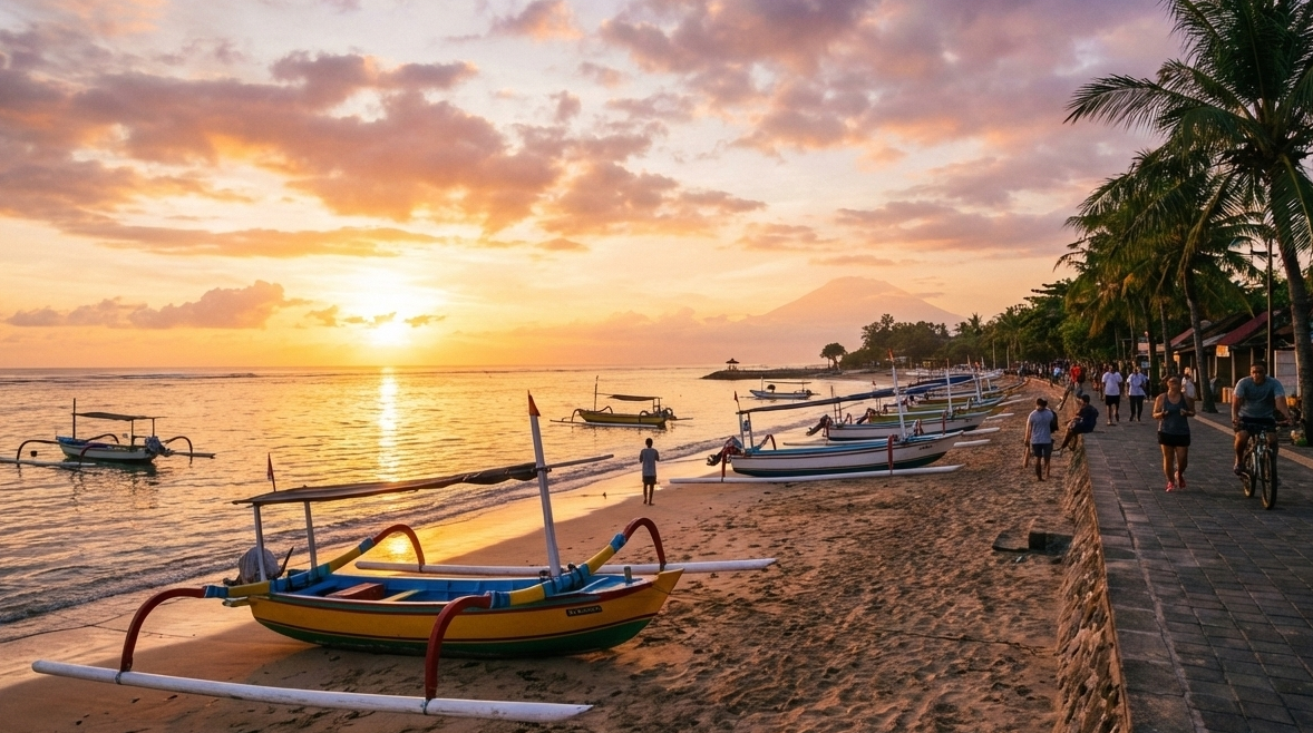 Sanur Beach Bali sunrise view with fishing boats.